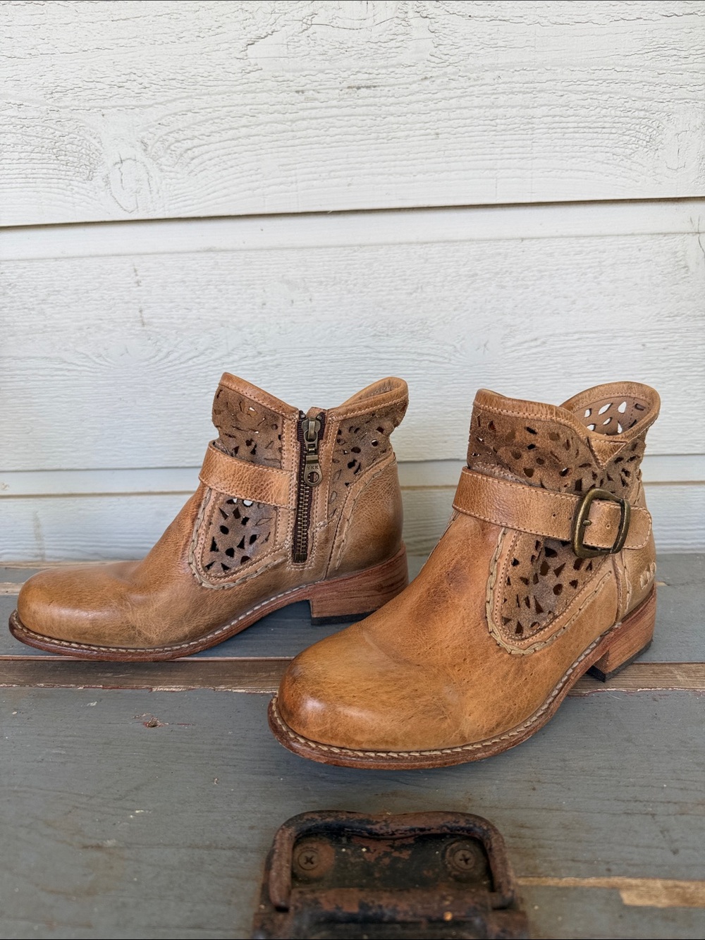 Bed Stu Tan Leather Cutout Ankle Booties with Buckle